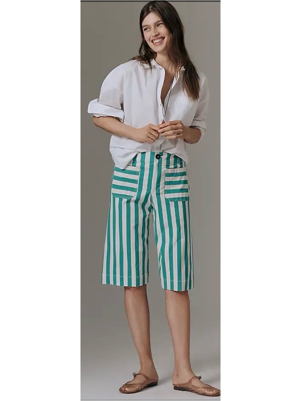 Striped Bermuda Shorts in Teal and White